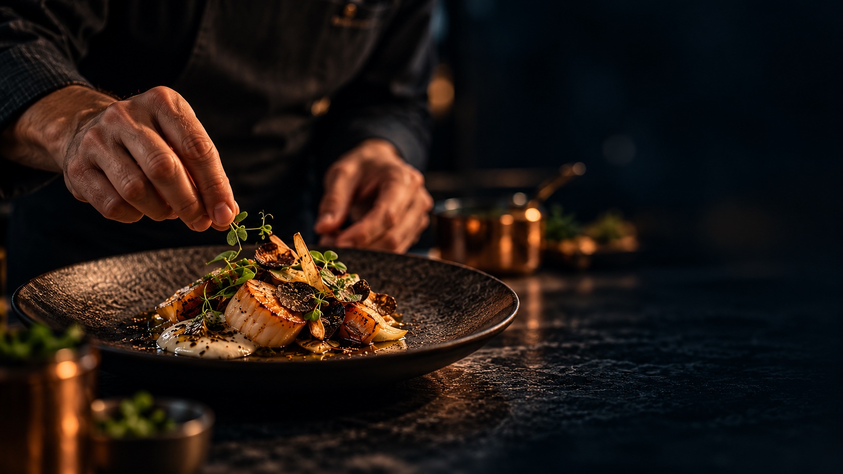 Le chef termine une assiette de saison