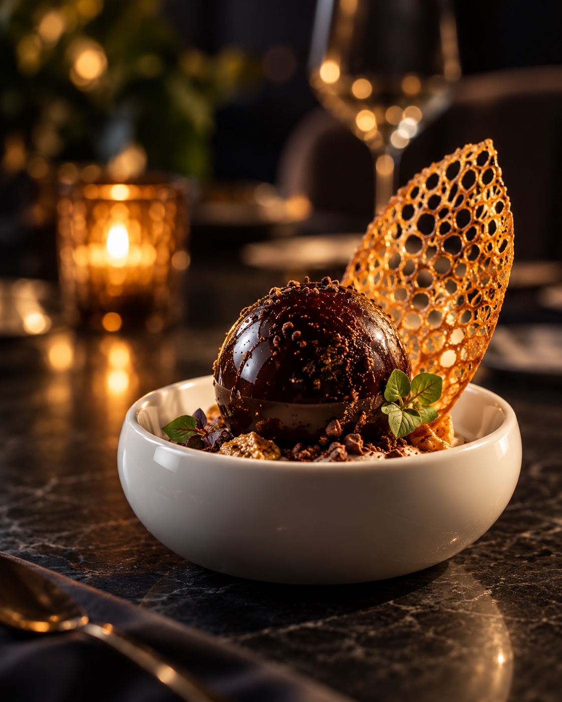 Dessert au chocolat noir et tuile de caramel