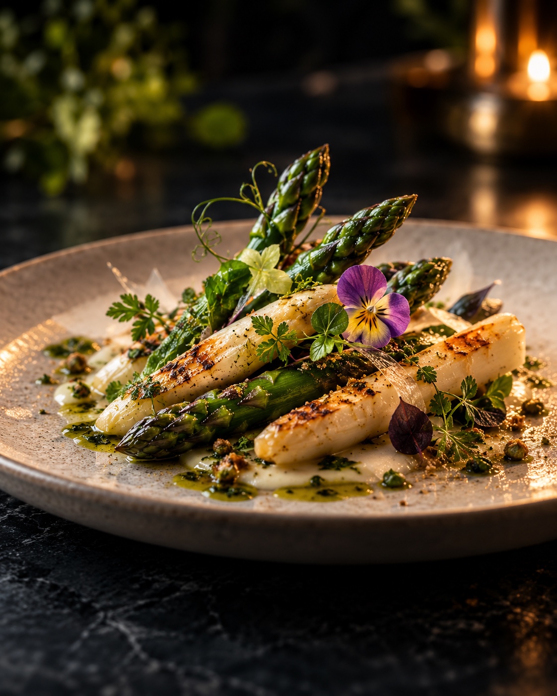 Entrée de saison dressée avec des herbes fraîches